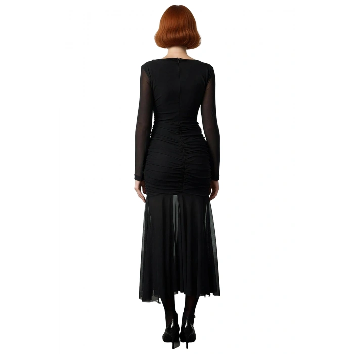 Kadın Fashion Forward Tül Örme Balık Kesim Uzun Kol Abiye Maxi Gece Elbisesi Şık Ortam Kaliteli