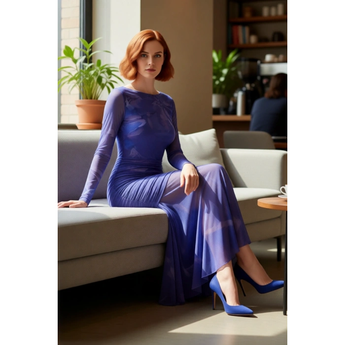 Kadın Fashion Forward Tül Örme Balık Kesim Uzun Kol Abiye Maxi Gece Elbisesi Şık Ortam Kaliteli