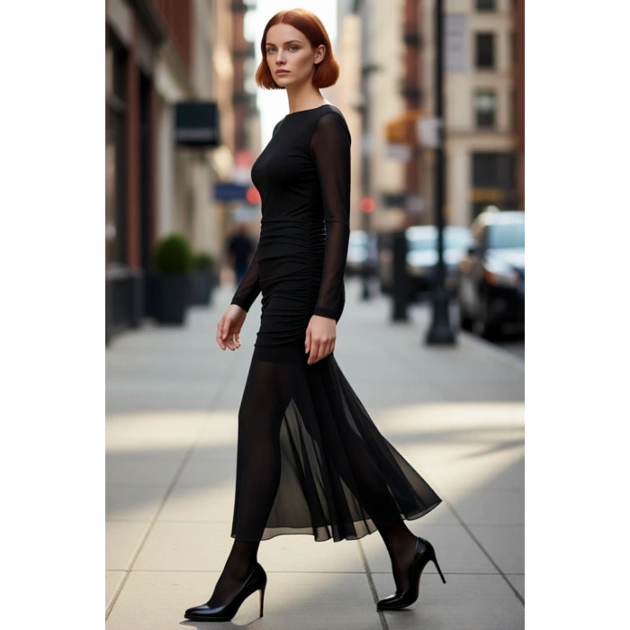 Kadın Fashion Forward Tül Örme Balık Kesim Uzun Kol Abiye Maxi Gece Elbisesi Şık Ortam Kaliteli