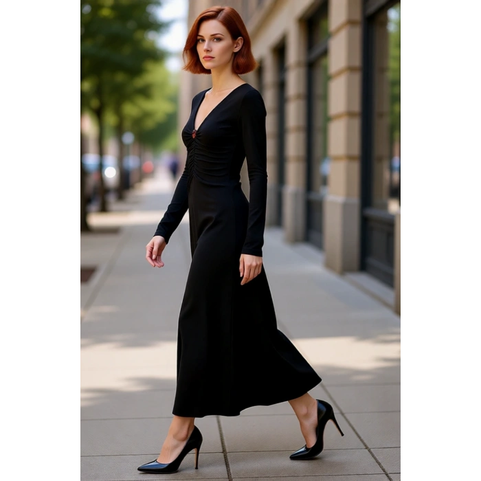 Kadın Fashion Forward V Yaka Büzgülü Uzun Kollu Maxi Elbise Gündüzden Geceye Esnek Şıklık Kaliteli