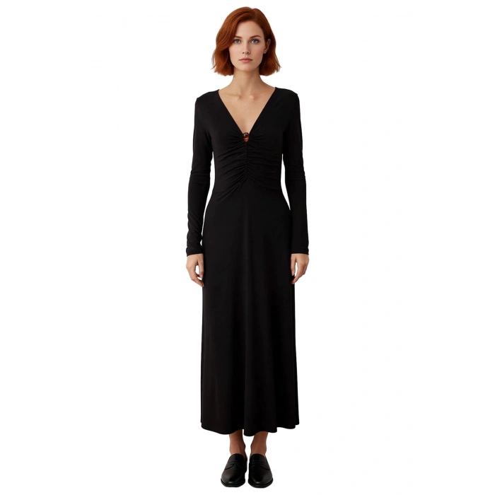 Kadın Fashion Forward V Yaka Büzgülü Uzun Kollu Maxi Elbise Gündüzden Geceye Esnek Şıklık Kaliteli