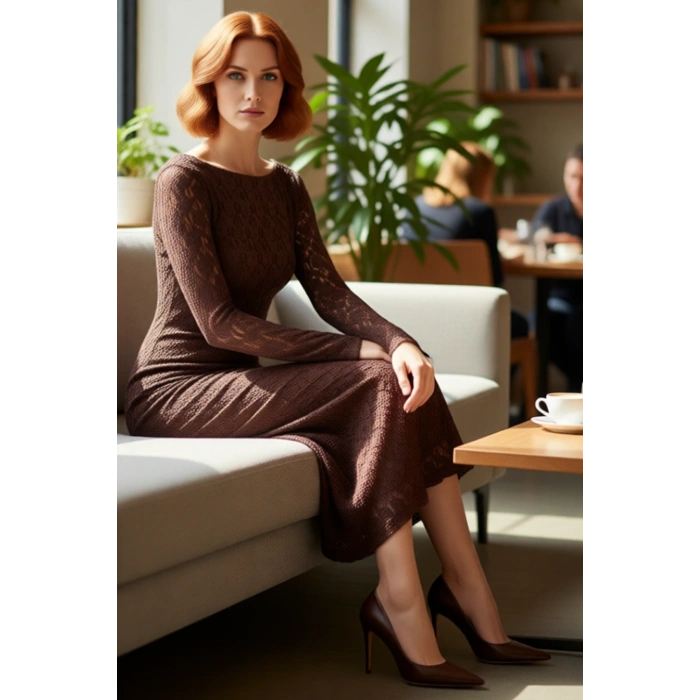 Kadın Feminine Bodycon Kayık Yaka Maxi Uzun Kol Astarlı Dantel Örme Şık Gece Elbisesi Kaliteli