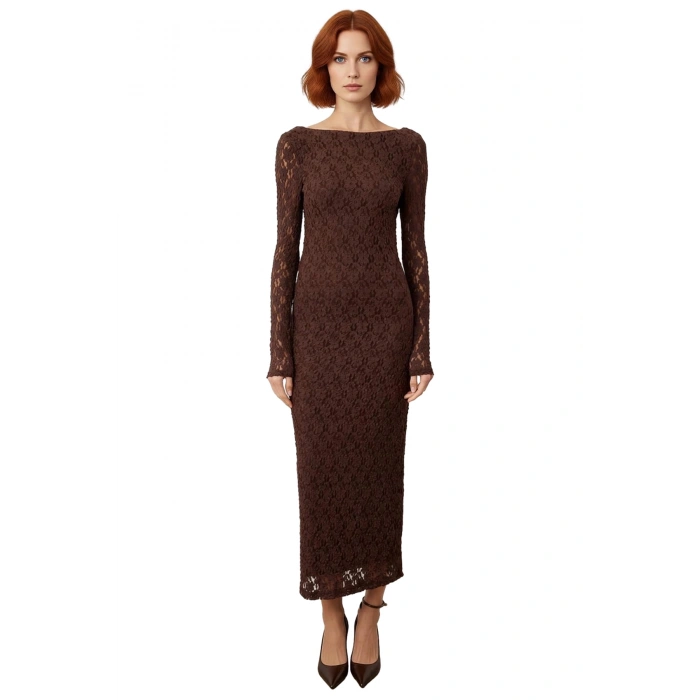 Kadın Feminine Bodycon Kayık Yaka Maxi Uzun Kol Astarlı Dantel Örme Şık Gece Elbisesi Kaliteli