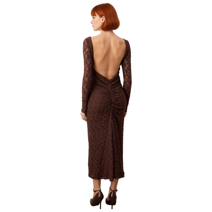 Kadın Feminine Bodycon Kayık Yaka Maxi Uzun Kol Astarlı Dantel Örme Şık Gece Elbisesi Kaliteli