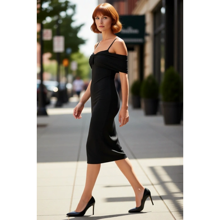 Kadın Feminine Bodycon Midi Elbise Carmen Yaka Askılı Düz Örme Sandy Kumaş Zarif Kokteyl Stili