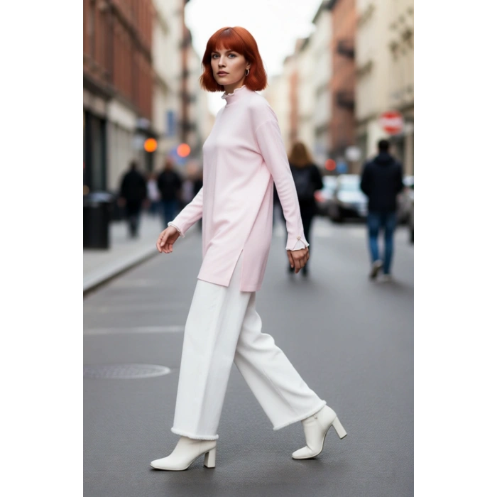 Kadın Feminine Persona Kışlık Regular Kalıp Düşük Kol Pike Dokuma Düz Desen Tunik Kazak Modeli