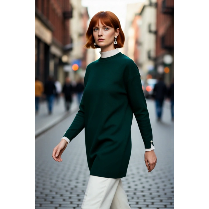 Kadın Feminine Persona Kışlık Regular Kalıp Düşük Kol Pike Dokuma Düz Desen Tunik Kazak Modeli