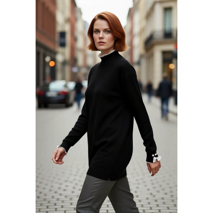 Kadın Feminine Persona Kışlık Regular Kalıp Düşük Kol Pike Dokuma Düz Desen Tunik Kazak Modeli