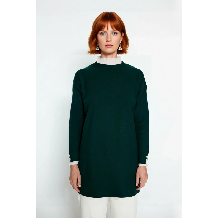 Kadın Feminine Persona Kışlık Regular Kalıp Düşük Kol Pike Dokuma Düz Desen Tunik Kazak Modeli