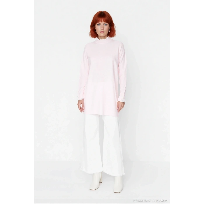 Kadın Feminine Persona Kışlık Regular Kalıp Düşük Kol Pike Dokuma Düz Desen Tunik Kazak Modeli