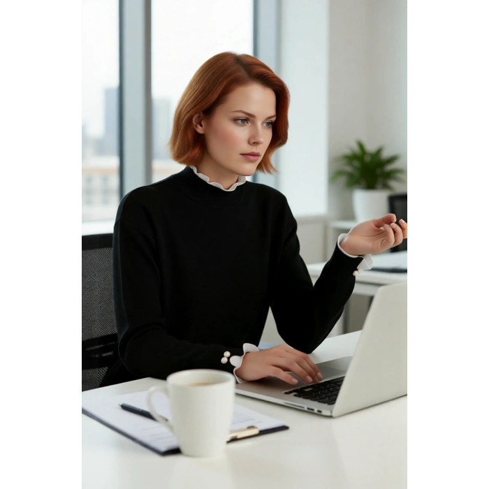 Kadın Feminine Persona Kışlık Regular Kalıp Düşük Kol Pike Dokuma Düz Desen Tunik Kazak Modeli