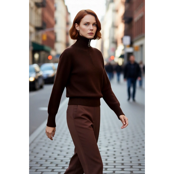 Kadın Fermuarlı Dik Yaka Regular Kalıp Selanik Dokuma Triko Kazak ile Kış Şıklığını Yakalayın