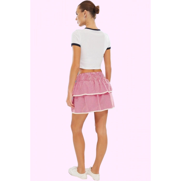 Kadın Fırfırlı Ekose Mini Etek; Kalçadan Oturan Yazlık Trend Günlük Kullanım Modern Tasarım