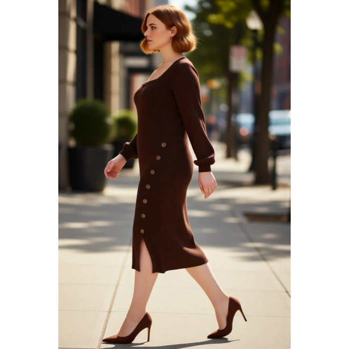 Kadın Fitilli Bodycon Midi Triko Elbise Uzun Kollu Kare Yaka Düğme Detaylı Yırtmaçlı Kaliteli