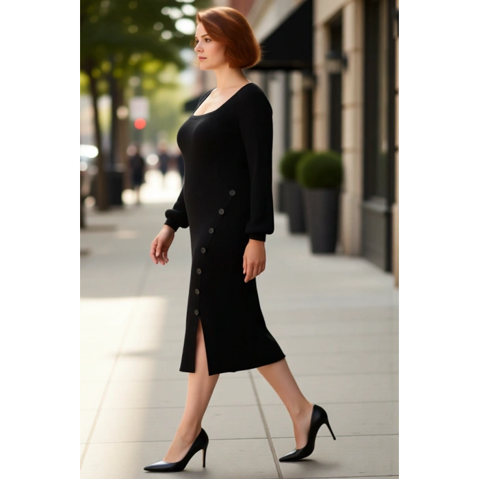 Kadın Fitilli Bodycon Midi Triko Elbise Uzun Kollu Kare Yaka Düğme Detaylı Yırtmaçlı Kaliteli