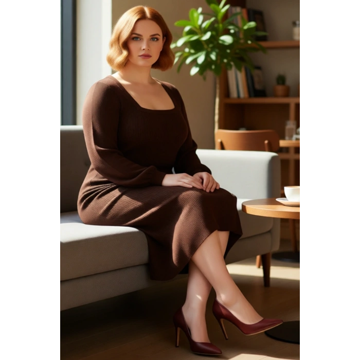 Kadın Fitilli Bodycon Midi Triko Elbise Uzun Kollu Kare Yaka Düğme Detaylı Yırtmaçlı Kaliteli