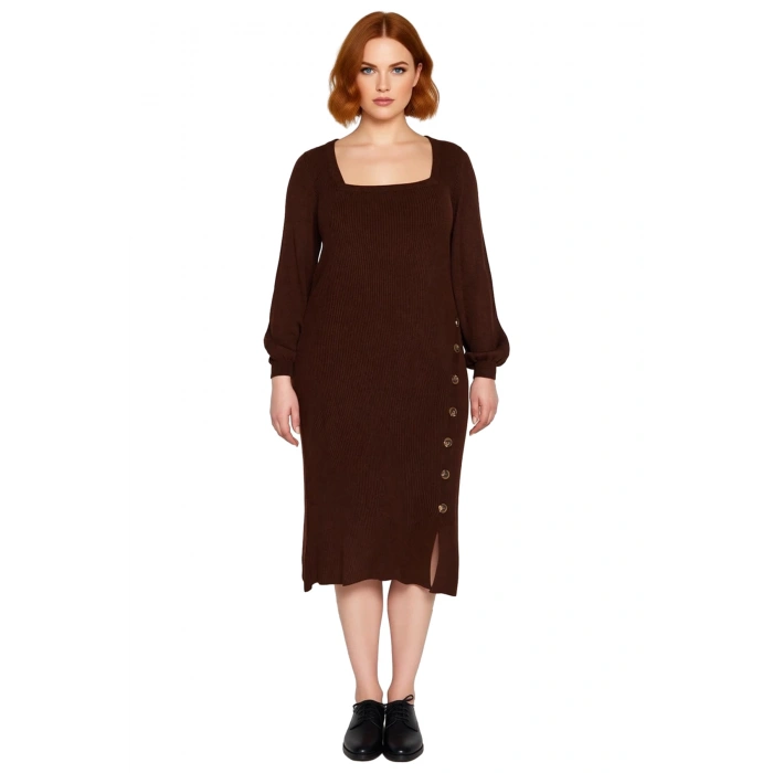 Kadın Fitilli Bodycon Midi Triko Elbise Uzun Kollu Kare Yaka Düğme Detaylı Yırtmaçlı Kaliteli