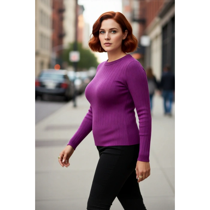 Kadın Fitilli Bodycone İnce Triko Bluz Bisiklet Yaka Standart Kol Günlük Şık Kombinler İçin İdeal