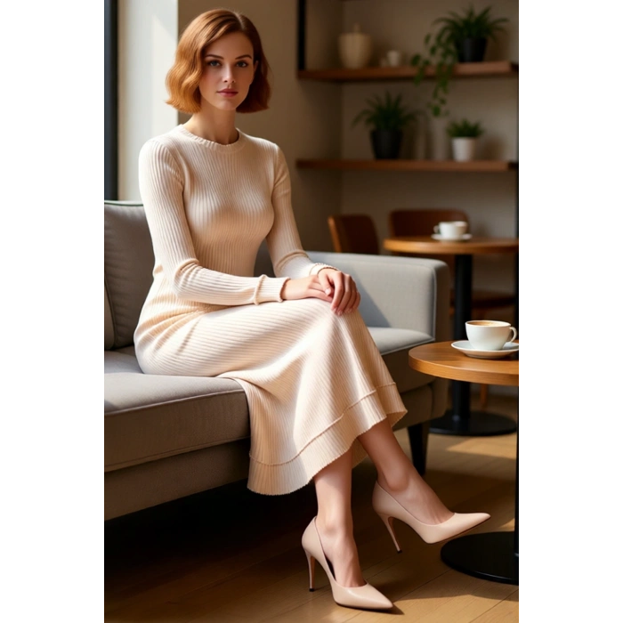 Kadın Fitilli Dik Yaka Uzun Kol Triko Elbise Vücuda Oturan Midi Boy Şık Tasarım Günlük Kullanım