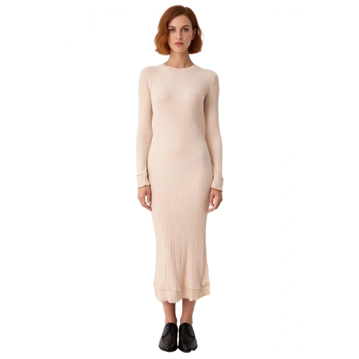 Kadın Fitilli Dik Yaka Uzun Kol Triko Elbise Vücuda Oturan Midi Boy Şık Tasarım Günlük Kullanım