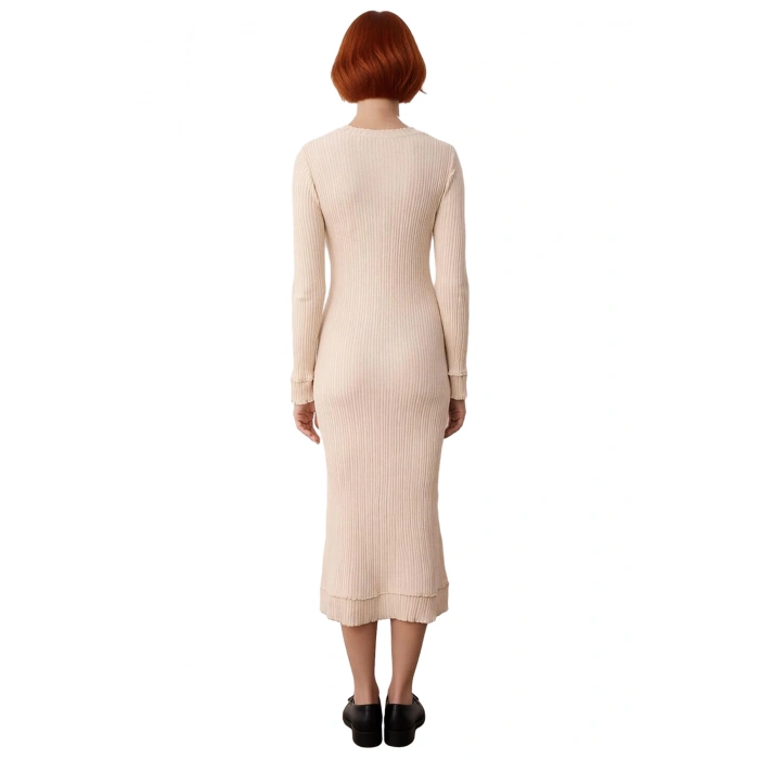 Kadın Fitilli Dik Yaka Uzun Kol Triko Elbise Vücuda Oturan Midi Boy Şık Tasarım Günlük Kullanım