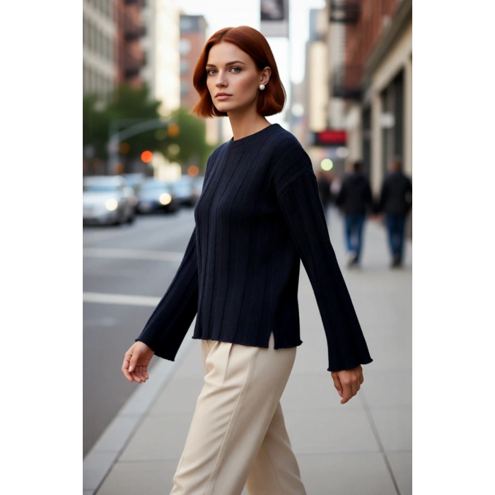 Kadın Fitilli Dokuma Triko Kazak Regular Kalıp Bisiklet Yaka Uzun Kollu Günlük Konforlu Şıklık Sunar