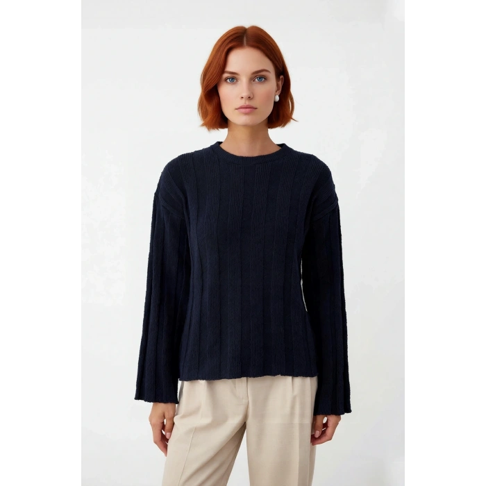 Kadın Fitilli Dokuma Triko Kazak Regular Kalıp Bisiklet Yaka Uzun Kollu Günlük Konforlu Şıklık Sunar