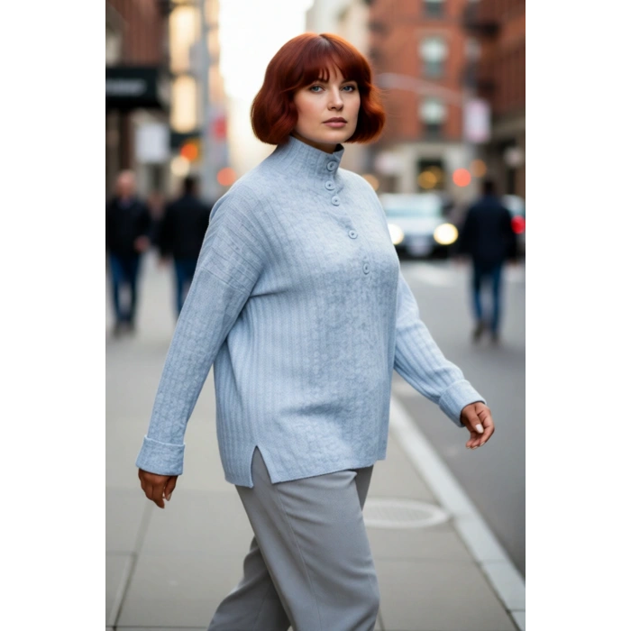 Kadın Fitilli Dokuma Triko Kazak Relaxed Kalıp Dik Yaka Düğmeli Detay Kış Konforu Şıklığı Kaliteli