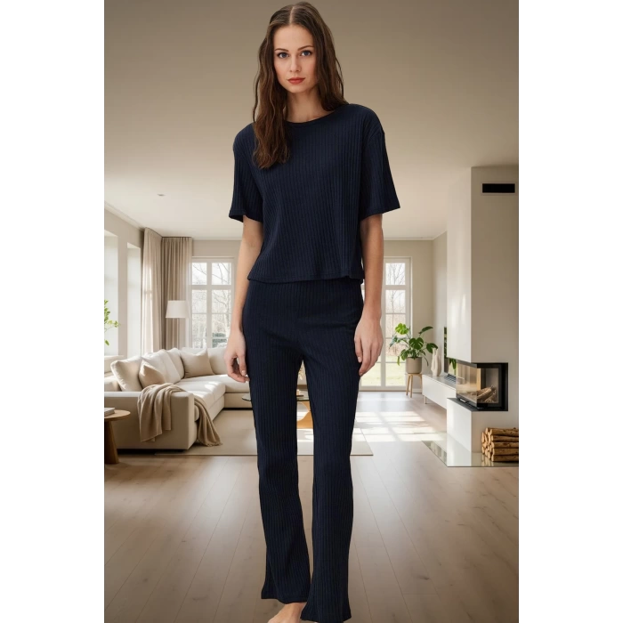 Kadın Fitilli Örme Pijama Takımı Rahat Kalıp Kısa Kollu Ve Şık Yüksek Kalite