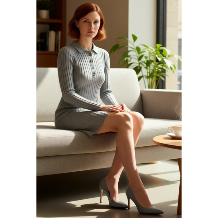 Kadın Fitilli Polo Yaka Bodycon Uzun Kollu Triko Mini Elbise Günlük Tarzınıza Konfor Katar