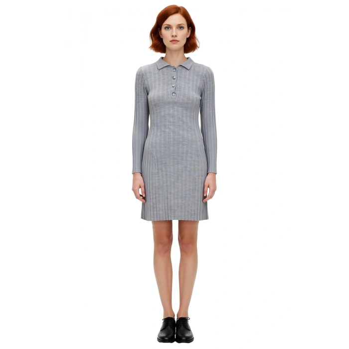 Kadın Fitilli Polo Yaka Bodycon Uzun Kollu Triko Mini Elbise Günlük Tarzınıza Konfor Katar