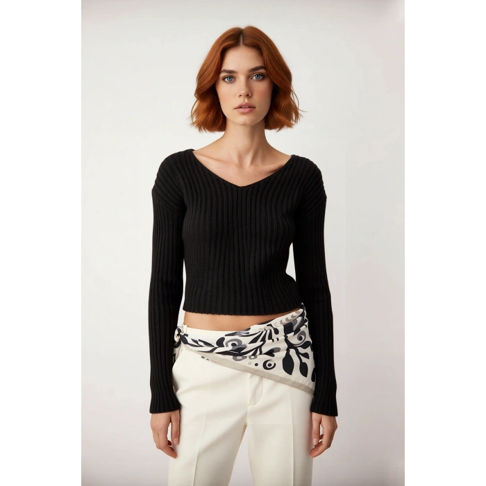 Kadın Fitilli Triko Kazak Regular Kalıp V Yaka Uzun Kollu Crop Boy Akrilik Günlük Stile Uygun