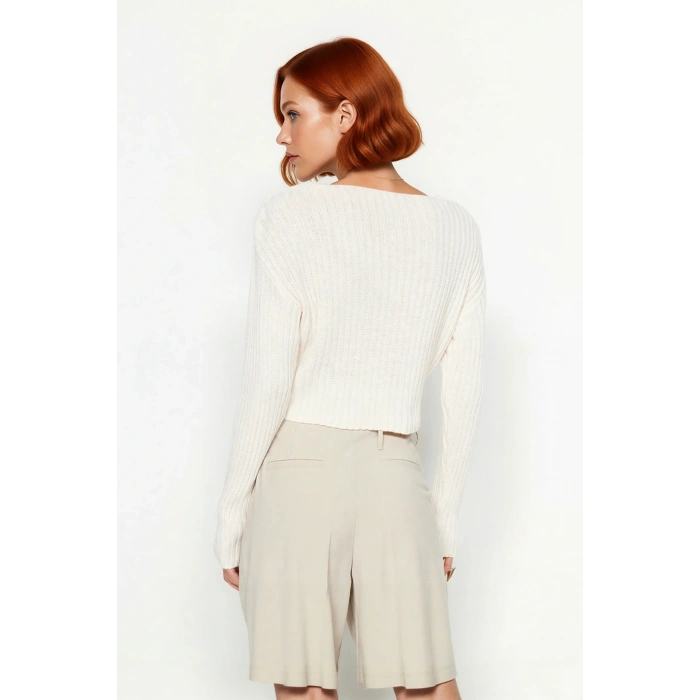 Kadın Fitilli Triko Kazak Regular Kalıp V Yaka Uzun Kollu Crop Boy Akrilik Günlük Stile Uygun