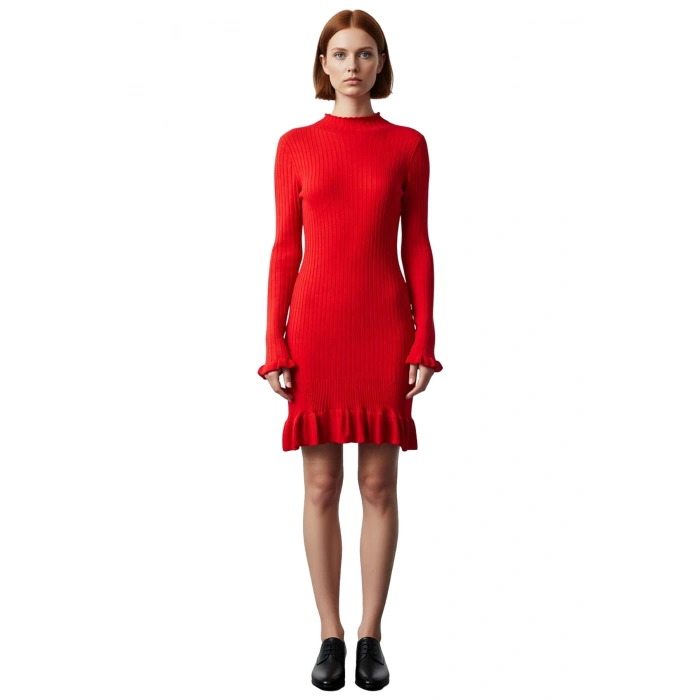 Kadın Fitilli Triko Mini Elbise Fırfır Detaylı Uzun Kollu Dik Yaka Kışlık Şıklık Ve Konfor Sunar