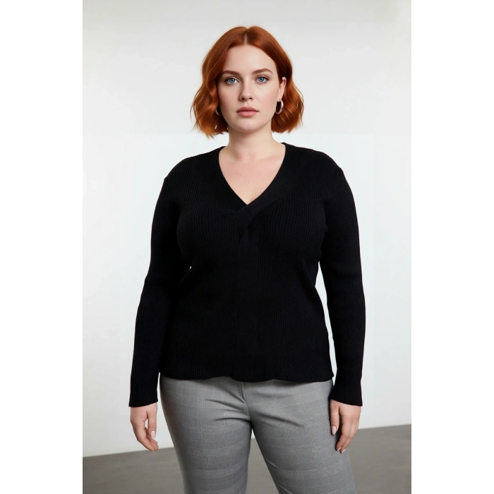 Kadın Fitilli V Yaka Düğüm Detaylı Akrilik Triko Kazak Şık ve Modern Günlük Kombinler İçin