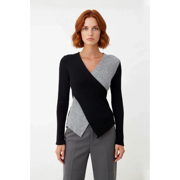 Kadın Fitted Akrilik Kumaş Kruvaze Yaka Uzun Kollu Triko Kazak Günlük Şık Ve Rahat Kullanım İçin