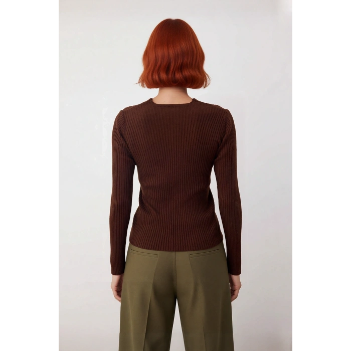 Kadın Fitted Akrilik Kumaş Kruvaze Yaka Uzun Kollu Triko Kazak Günlük Şık Ve Rahat Kullanım İçin