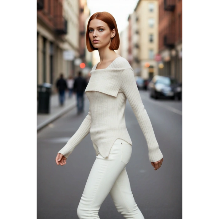 Kadın Fitted Asimetrik Etek Ucu Carmen Yaka Uzun Kollu Triko Kazak Bahar Şıklığı Sunar Kaliteli