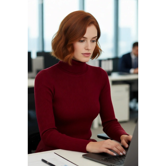 Kadın Fitted Balıkçı Yaka Akrilik Triko Kazak Soğuk Günler İçin Uzun Kollu Şık ve Modern Seçenek