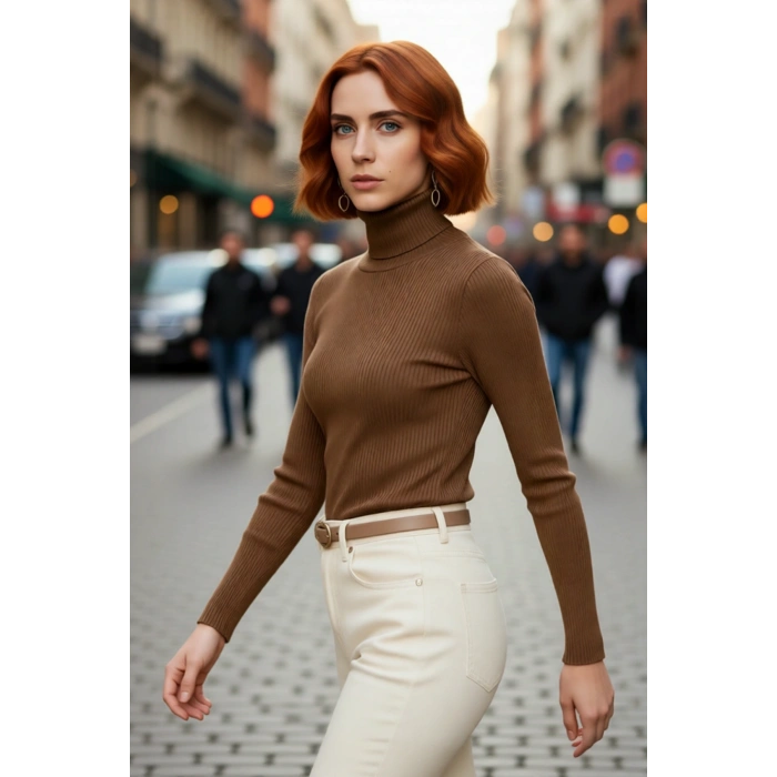 Kadın Fitted Balıkçı Yaka Akrilik Triko Kazak Soğuk Günler İçin Uzun Kollu Şık ve Modern Seçenek