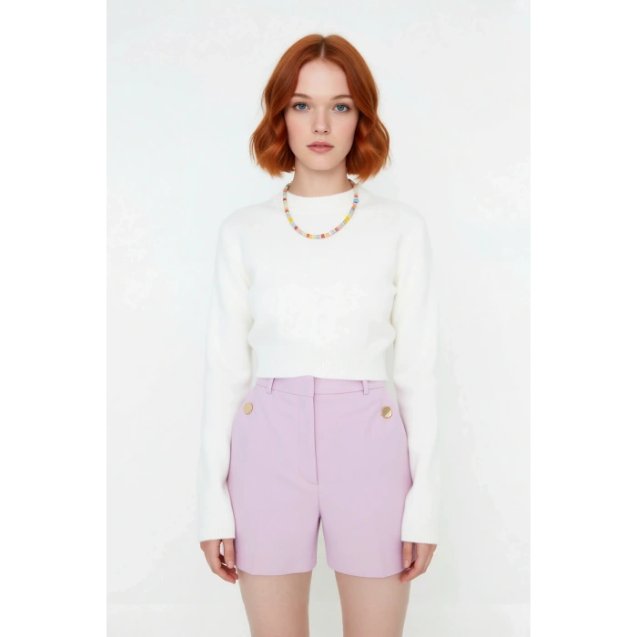 Kadın Fitted Basic Crop Akrilik Uzun Kollu Bisiklet Yaka Triko Kazak Konforlu Günlük Stil Kaliteli