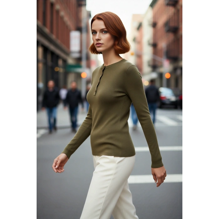 Kadın Fitted Basic Merserize Gorunumlu Dugmeli Fitilli Triko Ust Ilkbahar Sonbahar Sikligi