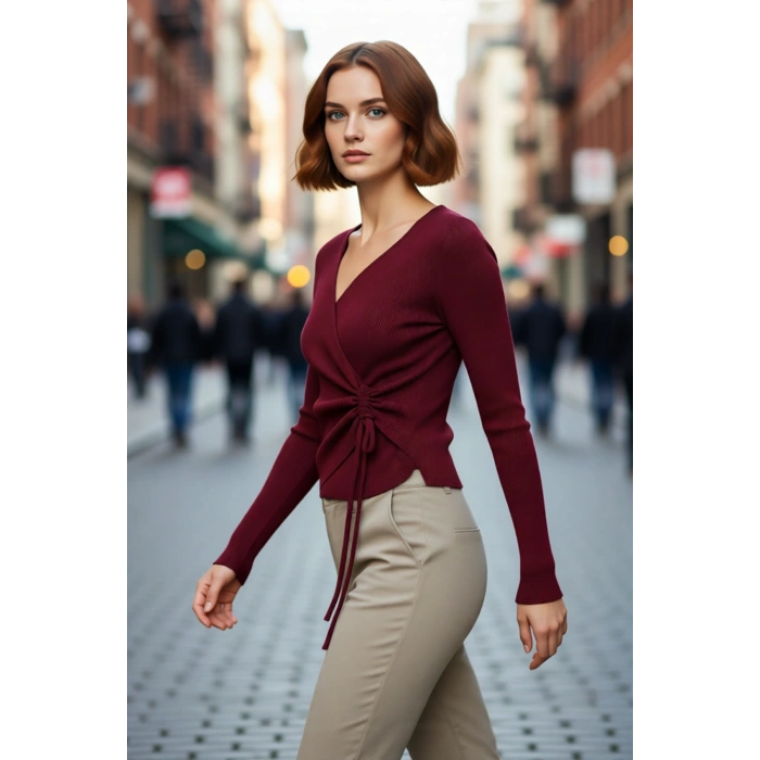 Kadın Fitted Basic Triko Üst Kruvaze Yaka Bağcıklı Detaylı Günlük Kombinlerde Şıklık Ve Konfor