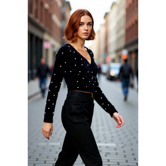 Kadın Fitted Basic V Yaka Siyah Tüylü İnci Detaylı Super Crop Uzun Kollu Triko Kazak İddialı Stil