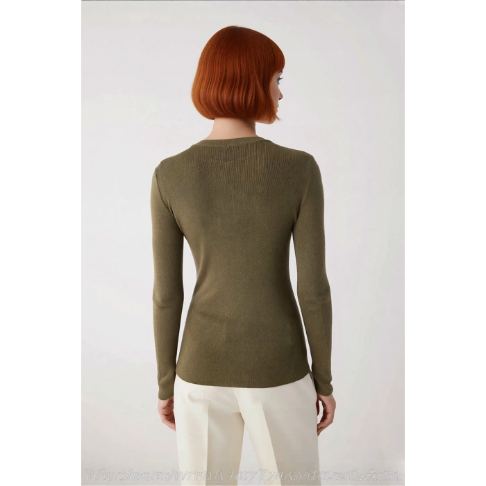 Kadın Fitted Bisiklet Yaka Düğmeli Fitilli Triko Kazak İlkbahar Sonbahar Günlük Şık Ve Modern