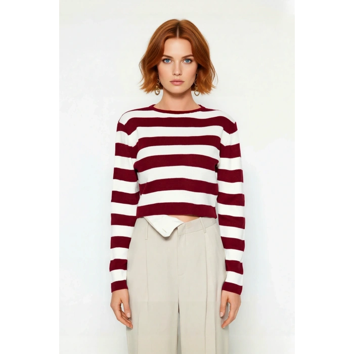 Kadın Fitted Bisiklet Yaka Super Crop Çizgili Triko Kazak İlkbahar Sonbahar Casual Tarz İçin Ideal