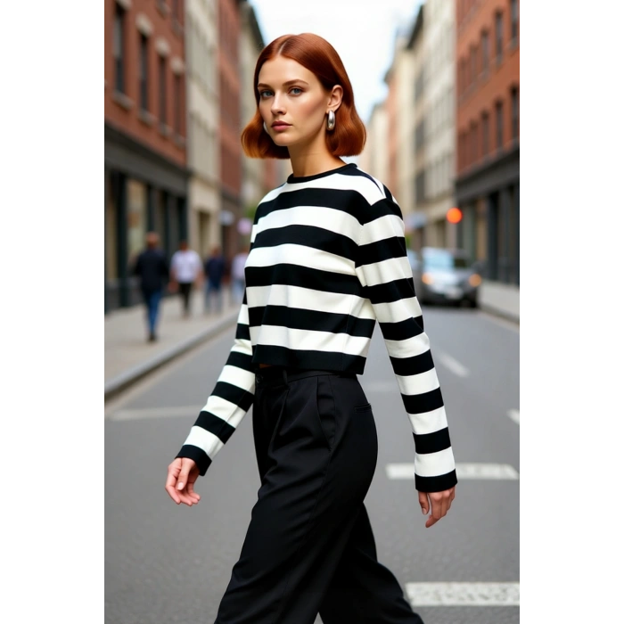 Kadın Fitted Bisiklet Yaka Super Crop Çizgili Triko Kazak İlkbahar Sonbahar Casual Tarz İçin Ideal