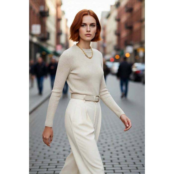 Kadın Fitted Bisiklet Yaka Triko Kazak Uzun Kollu Düz Desen Akrilik Ramadan Koleksiyonu Kaliteli