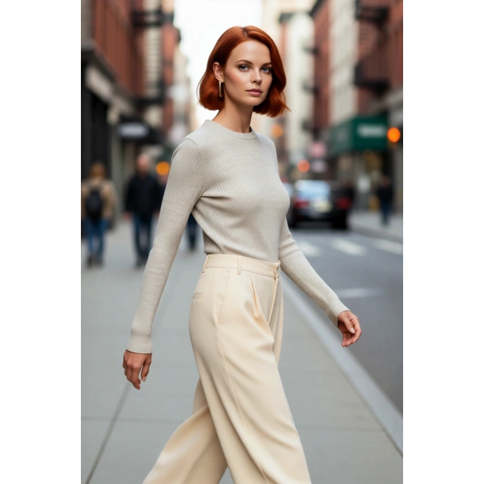 Kadın Fitted Bisiklet Yaka Uzun Kollu Fitilli Triko Kazak Casual Giyimde Vazgeçilmez Parça