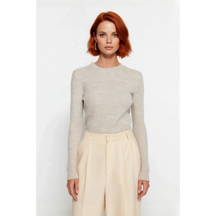 Kadın Fitted Bisiklet Yaka Uzun Kollu Fitilli Triko Kazak Casual Giyimde Vazgeçilmez Parça